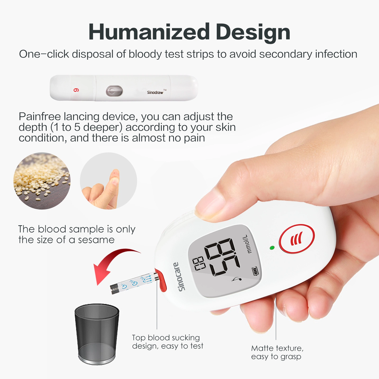 Sinocare Active Blood Glucose Glucometer Kit with Vial of 25 Strips, 25 Lancets, and a Lancing Device Free