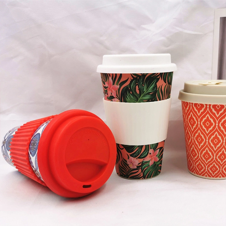 Customerised Colored Printing Natural Bamboo Fiber Coffee Cup with Silicone Lid and Sleeve