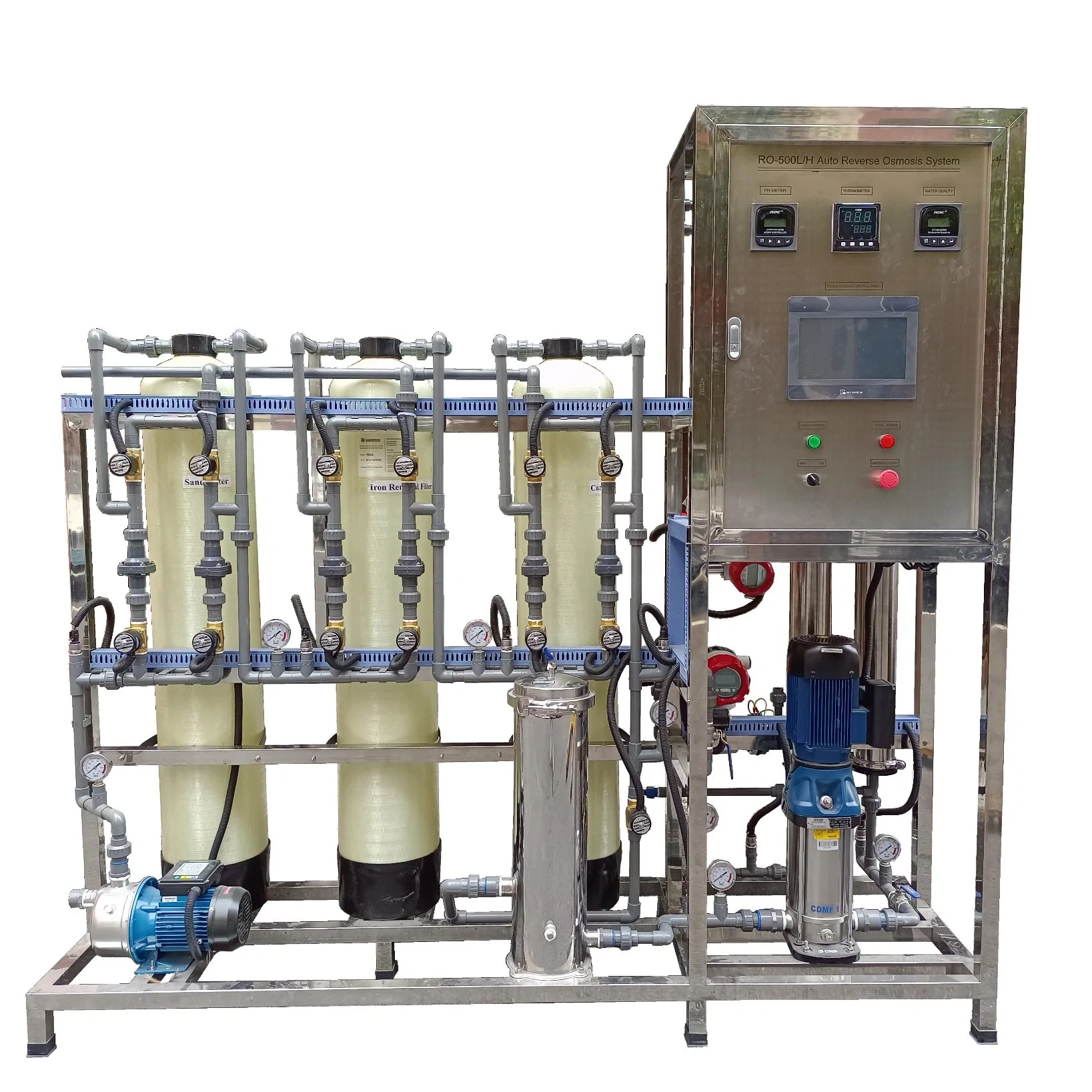 RO-500L/H Auto PLC Control Reverse Osmosis Water Filter Purification Purifier System Industrial Desalination Plant with pH Meter