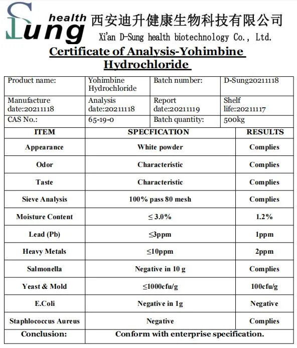 CAS 65-19-0 pharmaceutique de la yohimbine de chlorhydrate de chlorhydrate de matières de la yohimbine Poudre de chlorhydrate de yohimbine