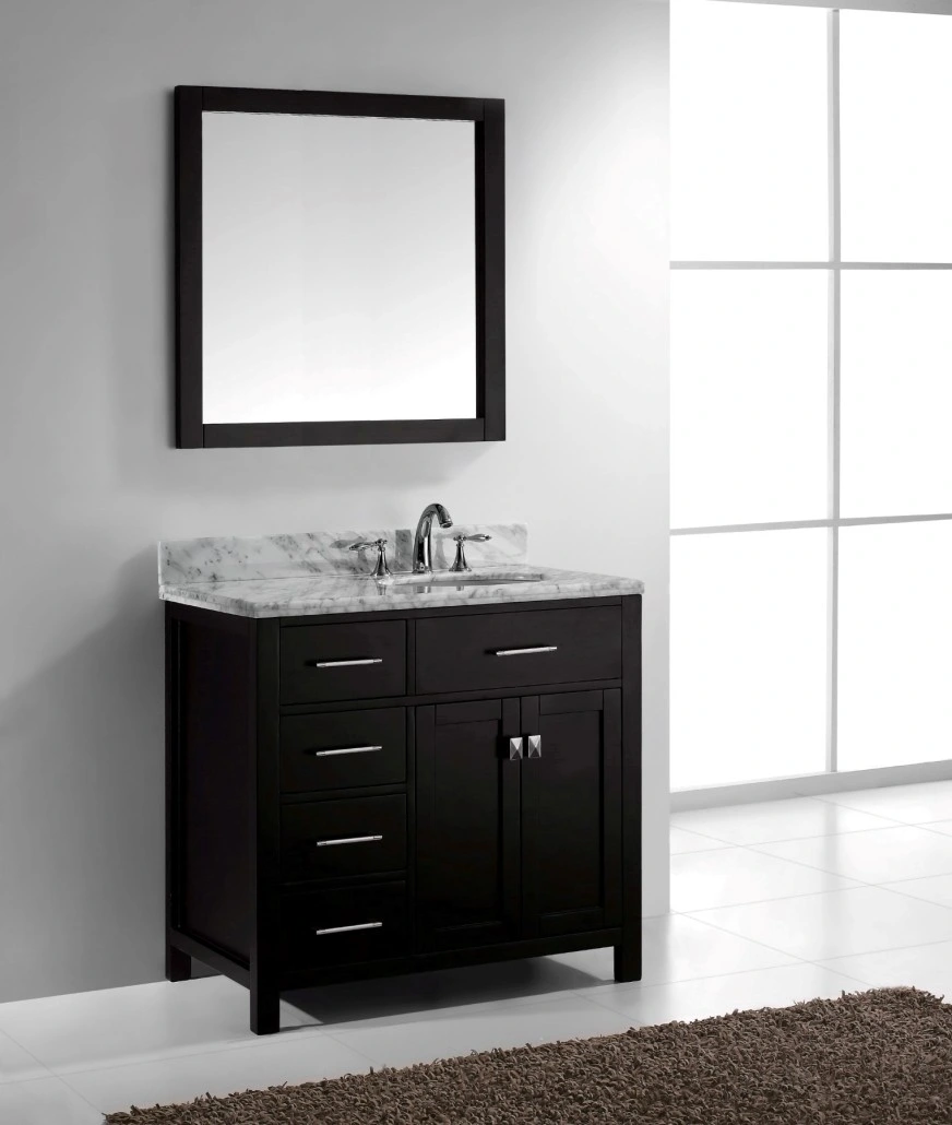 60 Inch Grey Color Floor Mounted Double Sinks Framed Mirror Marble Top Four Doors Foor Drawers Solid Wood Bathroom Furniture Vanity Cabinet