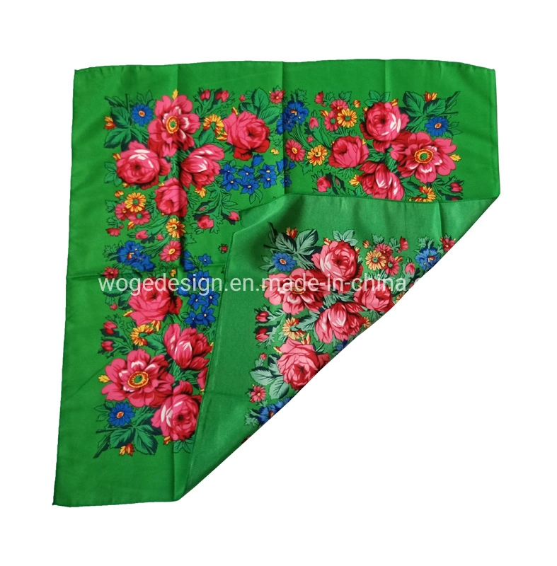 China Premium Factory Unique Muffler Headwrap Shawl Lady Babushka Print Flowers Cotton Feeling Polyester Square Russian Scarfs