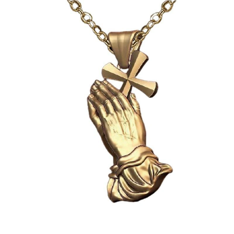 European and American Religious Prayer Gesture Cross Metal Necklace Men&prime; S Jewelry Women&prime; S Trendy Matching Items