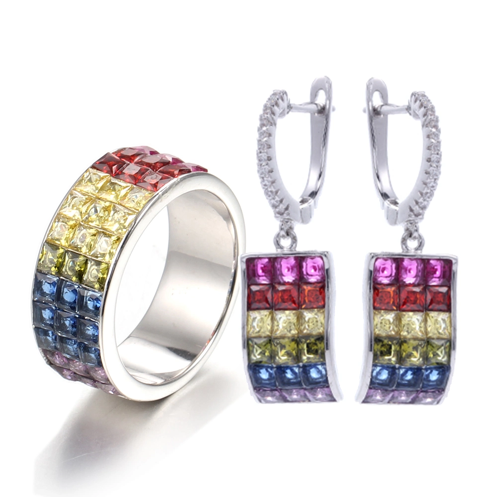 Attractive Multi Color Rainbow Diamond 925 Sterling Silver Earrings Ring Set