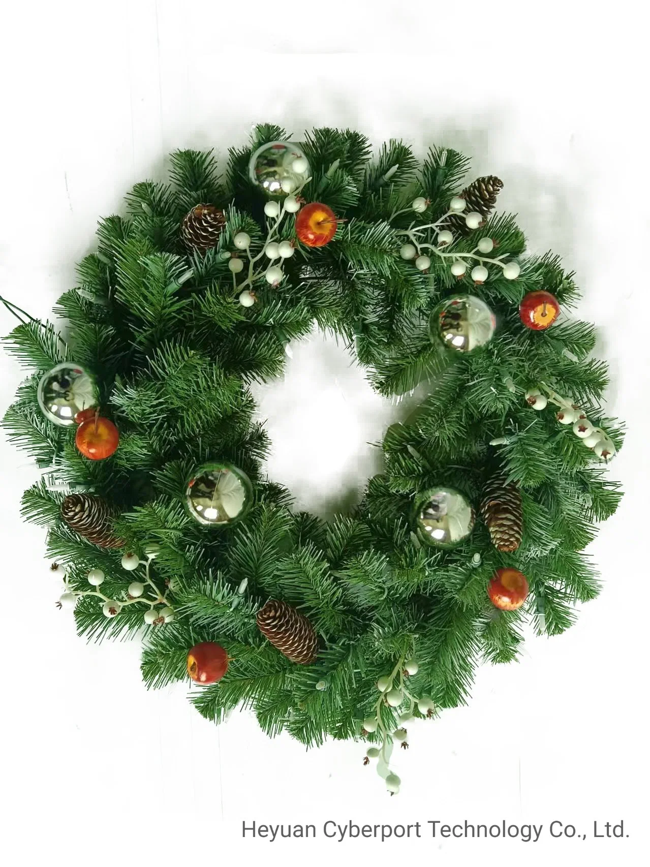 Professional Design 20''/24''/26''artificial Green Decorative Wreath with Pinecone and Sliver Ball&White Berry and Little Apple for Holiday Wedding Decoration