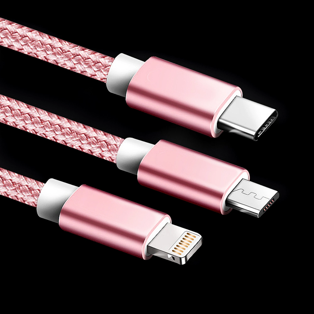 3 in 1 Multi USB Phone Charger Braided Cable Type-C Micro USB Charging Cord for iPhone Samsung