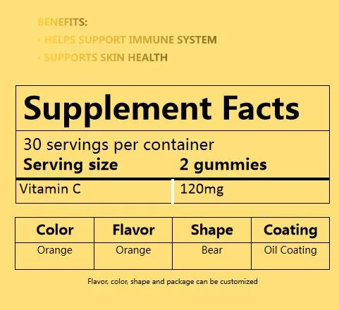 250mg Vc de masticar caramelos en la piel de apoyo Ayuda de la salud del sistema inmune Vitamina C gomoso