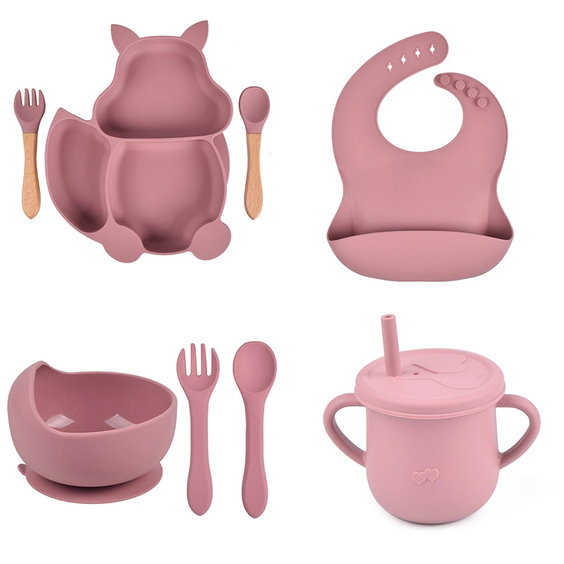 Großhandel Baby Silikon Sippy Cup Gabel Löffel Lätzchen Kinder Geschirr Teller-Saug-Silikon-Dinner-Set