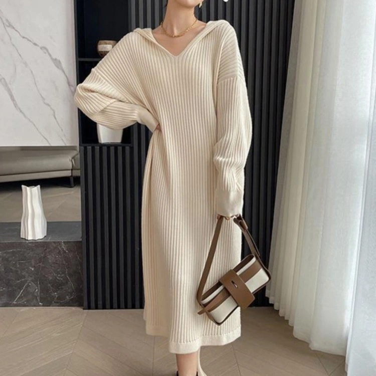 Korean Lazy Wind Hooded Dress Long Hoodie Over The Knee Knitted Long Skirt MID-Length Casual Sweater Bottoming Skirt