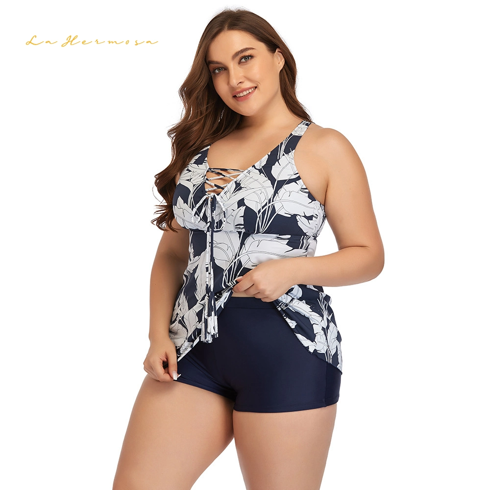 Summer Women Plus Size Two-Piece Swimwear Bathing Suit Wholesale/Supplier V Neck Strap Swimsuit Skirt Swimsuit with Boxer Shorts Beach Dress