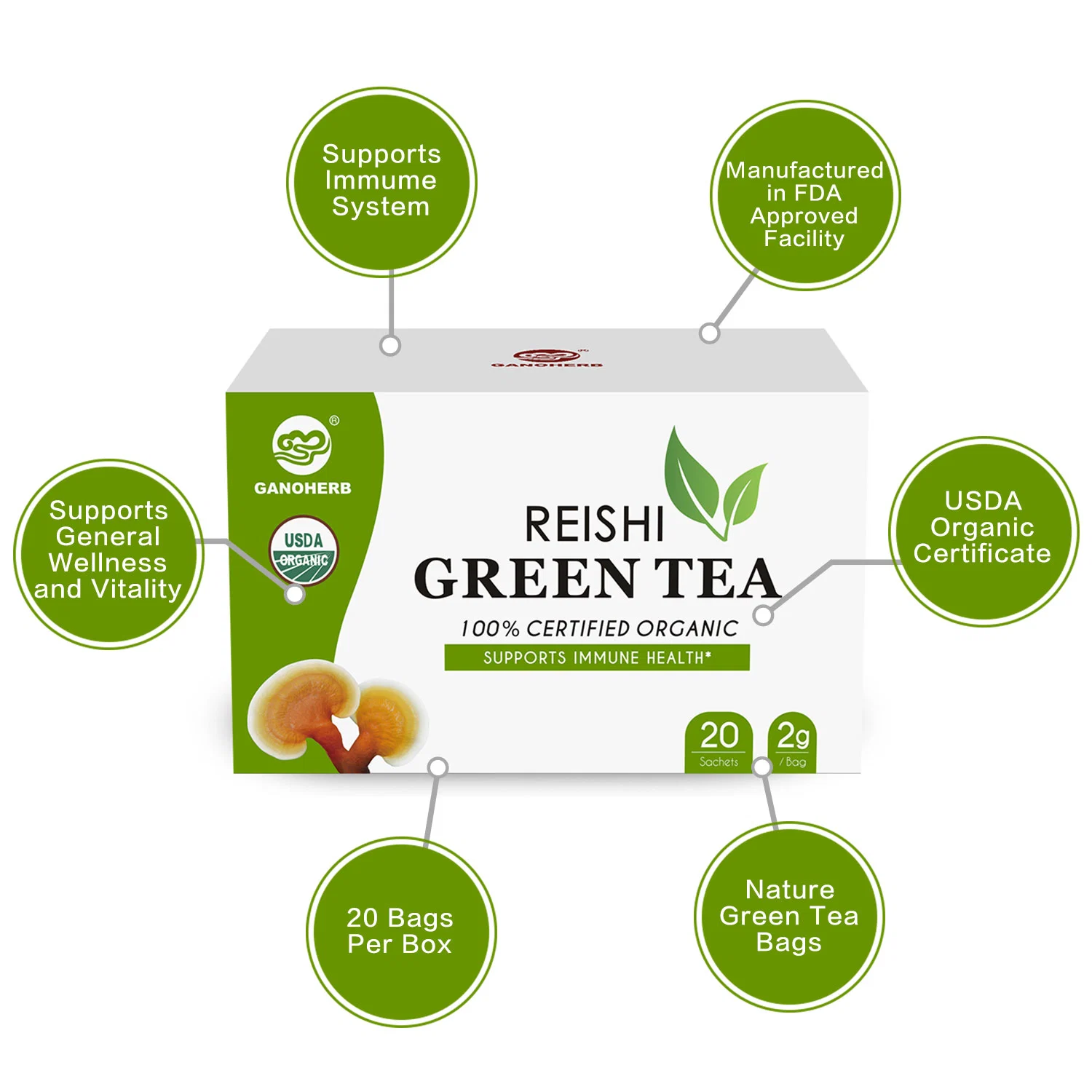 Amazon Heiße Verkauf China Bio-Kräuter Reishi Grüner Tee-Beutel