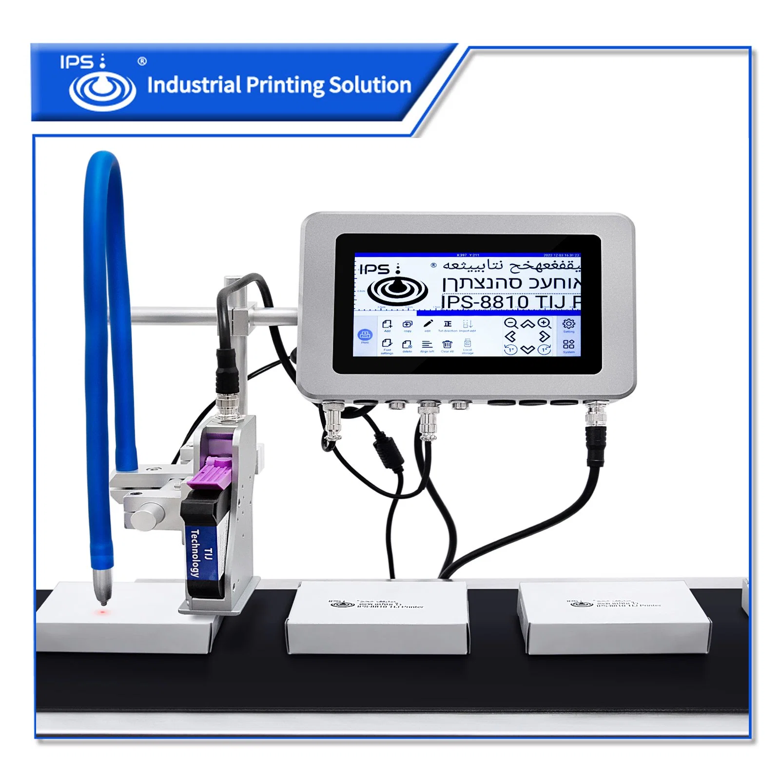 IPS-8610 New 25.4mm Thermal Inkjet Printer Tij Coding Machine Large Logo Plastic MFG Exp Date Online Printing with Conveyor Belt Including Ink Cartridges