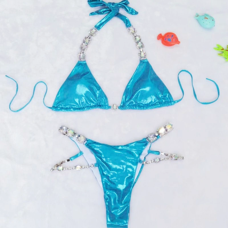 Swimsuit Women Blue Crystal Diamond String Halter Neck Triangle Bag Sexy Thong Bikinis Set Beach Swimsuit Summer Clothes