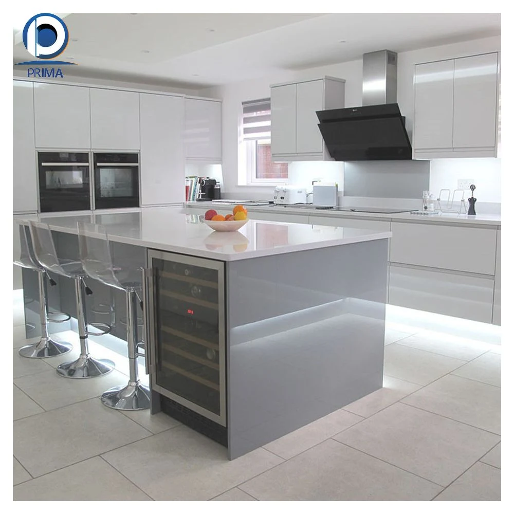 Prima Cupboard Design Laminado MDF Gris brillante moderno barato modular Tire hacia abajo de PVC pequeño forma L armarios de agitador blanco personalizado Cocina italiana inteligente Cabina