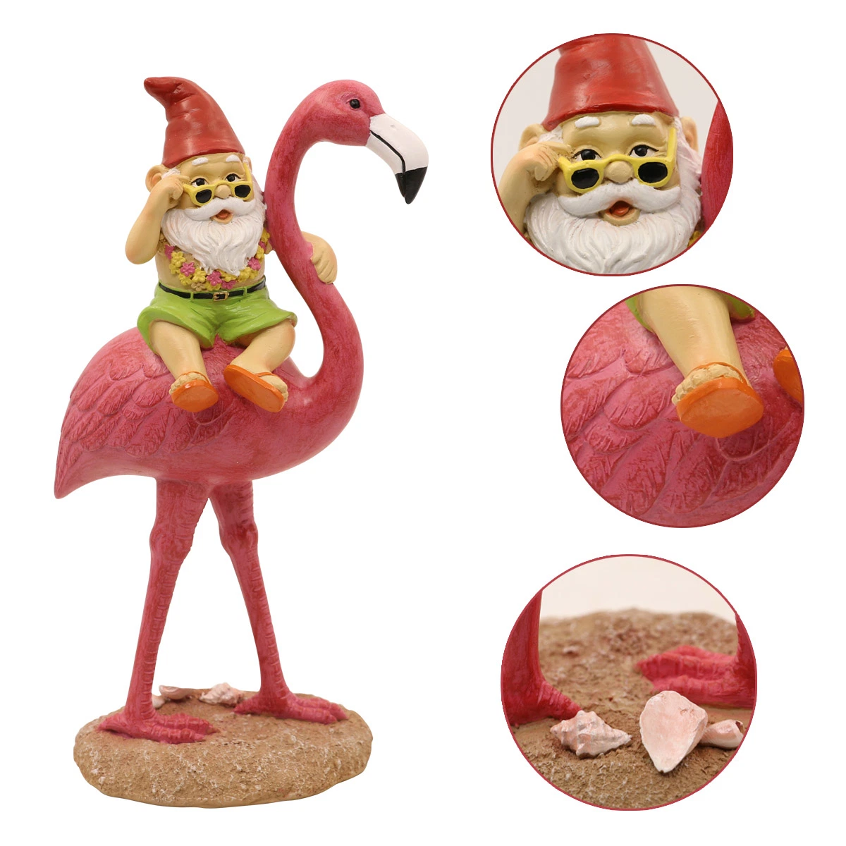 Nains de jardin drôle Riding Flamingo Statue, adorable Hawaii Gnome Figurine Yard ornement