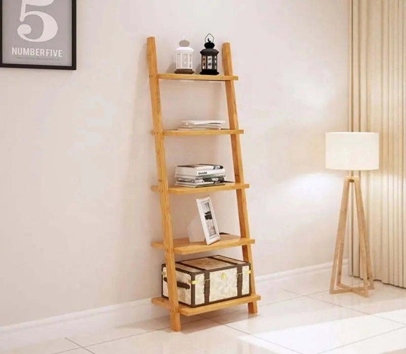 Bamboo Ladder Shelf 5-Tier Wall-Leaning Bookshelf Ladder Bookcase Storage Display Shelves for Living Room Kitchen Office