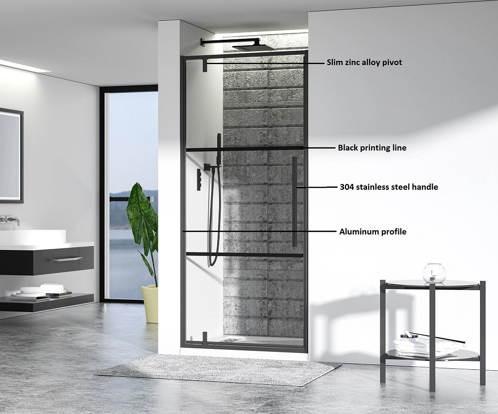 Black Aluminum Framed Pivot Hinged Shower Door Shower Enclosure Black Printing Line safety Glass Manufacture 800X1950 mm