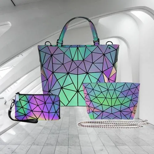 Luminous Holographic Reflective Hand Bag Geometric Hand Bag, Sling Bag and Purse Set Wyz18547