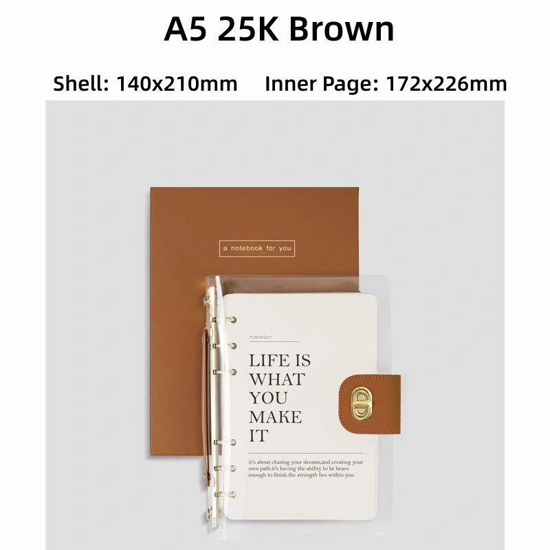 A5 Loose-Leaf Journal Note Book Notebook Diary Stationery 90 Sheets (180 pages) 100 GSM Cream Paper Pocket Notebook with PVC Clear Covers-Brown