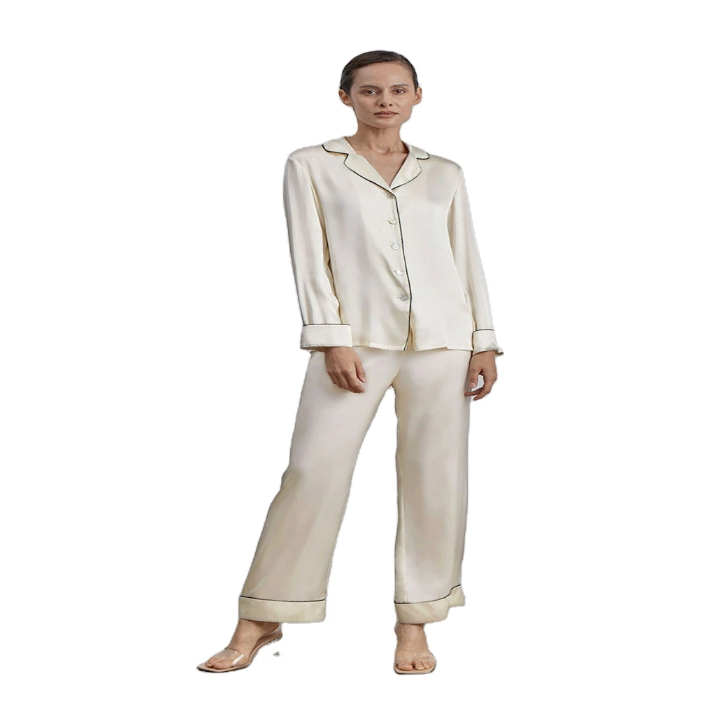 Mehrfarbig Premium Mulberry Seide Pyjama Set mit Paspelierung Seide Schlafbekleidung