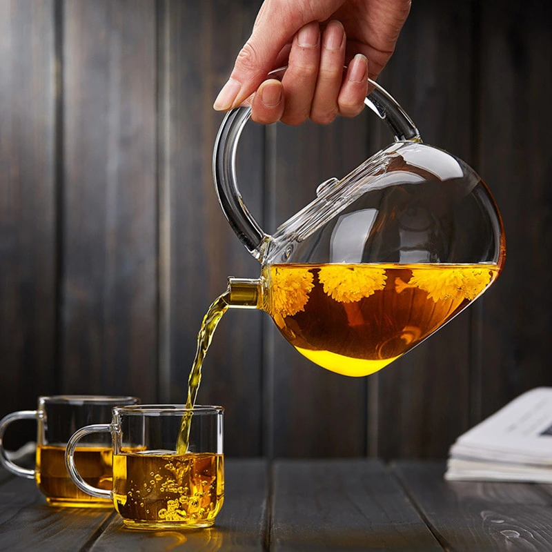 Borosilicate Hand Blown 800ml Glass Clear Tea Pot with Color Handle