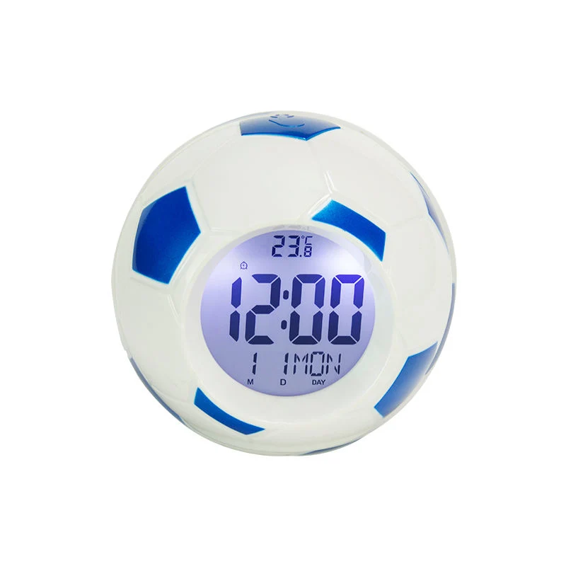 Cl073 Atacado LCD Calendário temperatura Display forma de futebol Mesa alarme Relógio