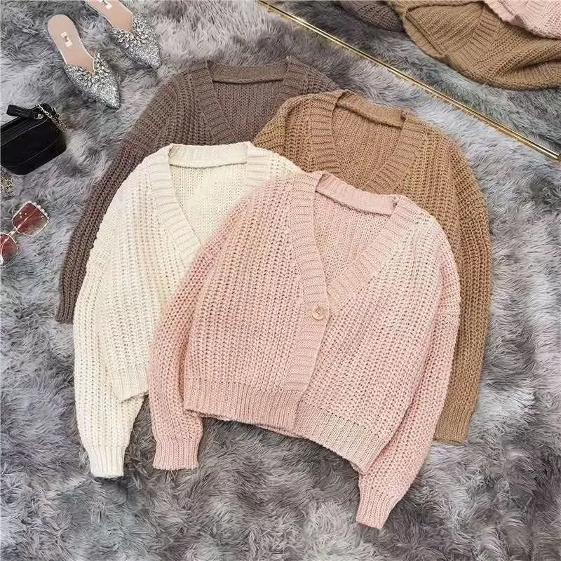 High quality/High cost performance Lazy Style Loose Outwear Knitting Cardigan Short Sweater Women Fashion Casual V-Neck Tops