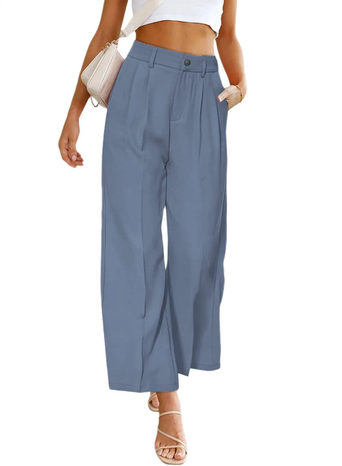 Women's Casual Wide Leg Pants Fashion Formal High Waist Button Trousers with Pockets