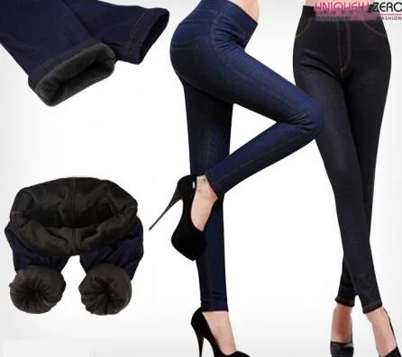 High Quality Plus Size Women Fashion Warm Fur Thick Jeans Tights