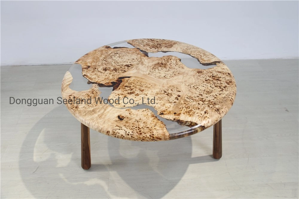 Custom Poplar Burl Wood Texture Epoxy Round Coffee Table for Modern Furniture