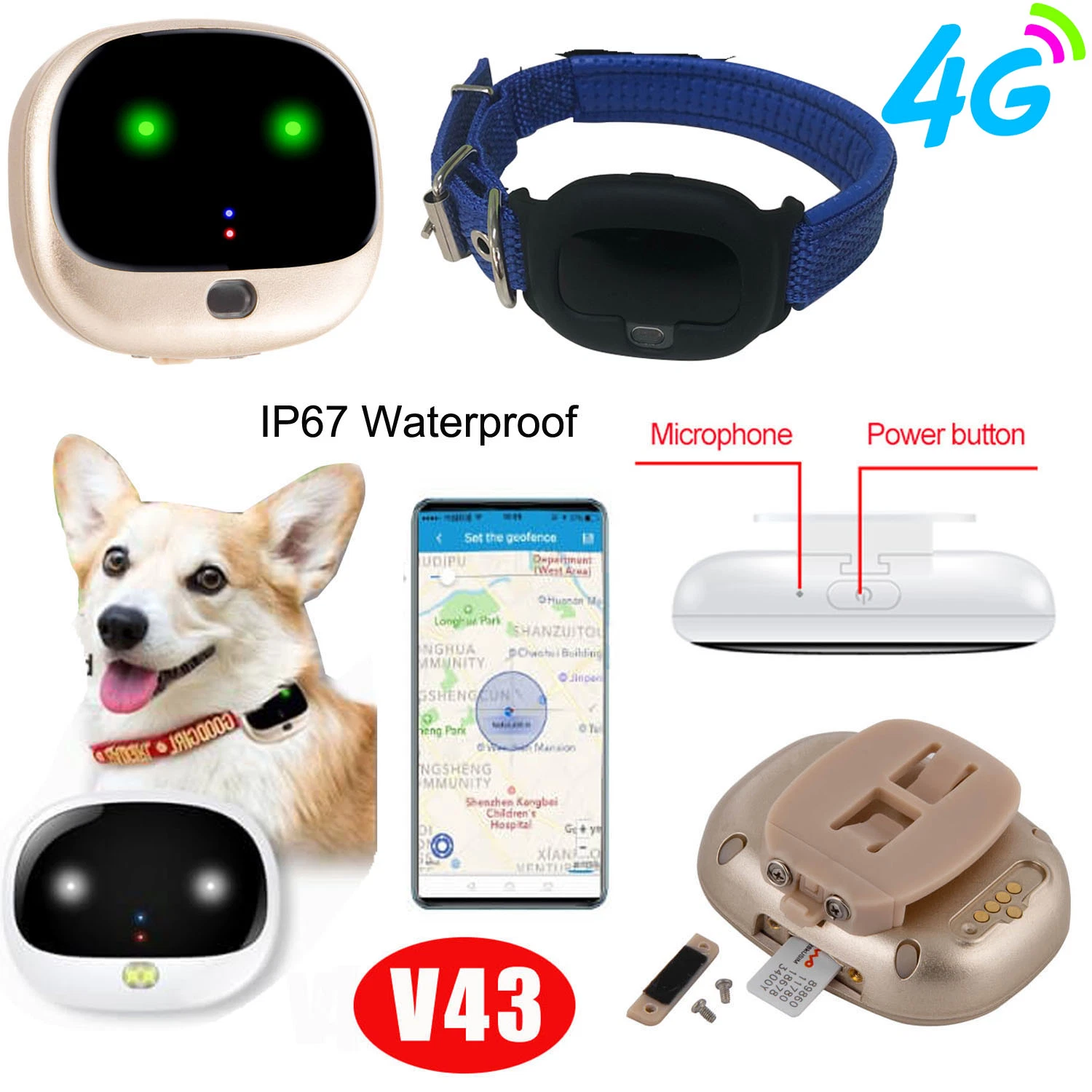 Novo dispositivo de localização GPS 4G LTE para animais de estimação com proteção à prova de água IP67 Para monitorização de segurança dos cães V43