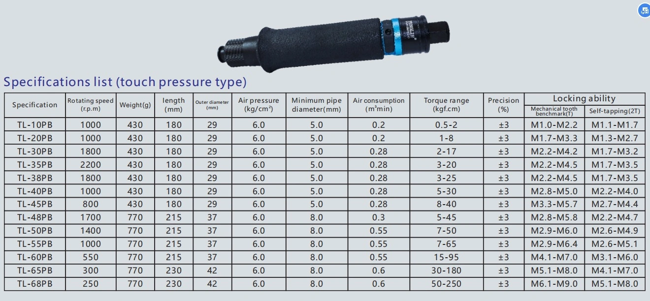 Adjustable Torque Screwdriver Pneumatic Tools Tl-68pb