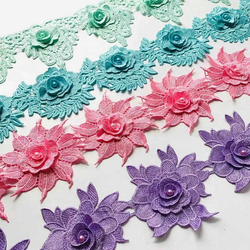 2022 neueste Stickerei 3D Blumenperlen Pailletten Polyester Trim Multi Colours Lace