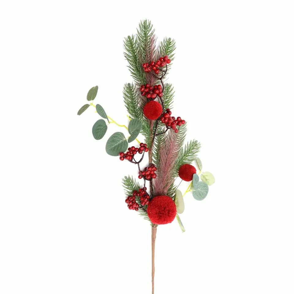 Artificial Cranberry Branches Christmas Pick Wool Balls Holly Stems Craft Winter Floral Christmas Decorations