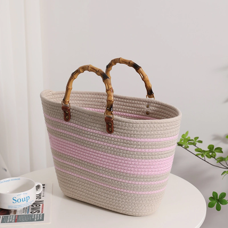 Striped Large Capacity Cotton Yarn Braided Bag New Imitation Bamboo Section French Retro Grass Braided Bag Portable Beach Bag Women&prime; S Bag