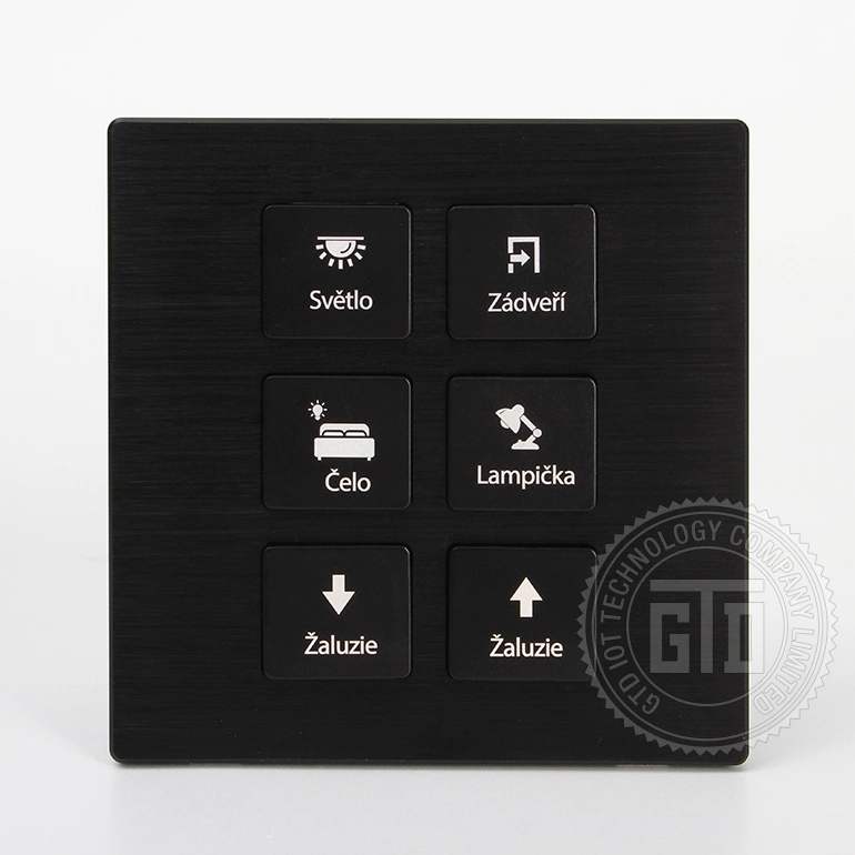 Customized Czech Language Factory Made Luxury Black Color CNC Metal Panel 12V DC Dry Contact 6 Gang Push Button