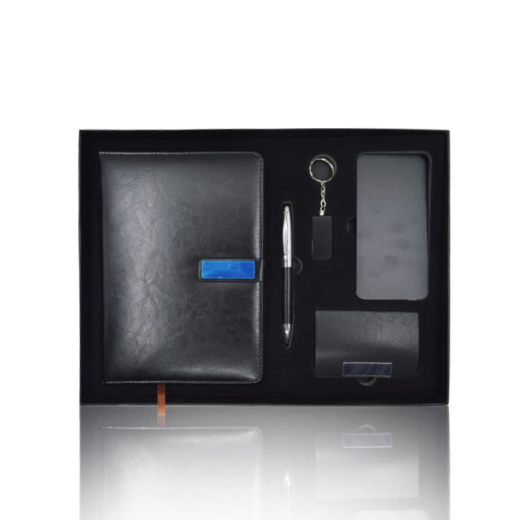 Venta caliente cubierta de cuero de PU personalizado portátil empresarial de promoción con el lápiz y 10000mAh Powerbank Llavero Set de regalo