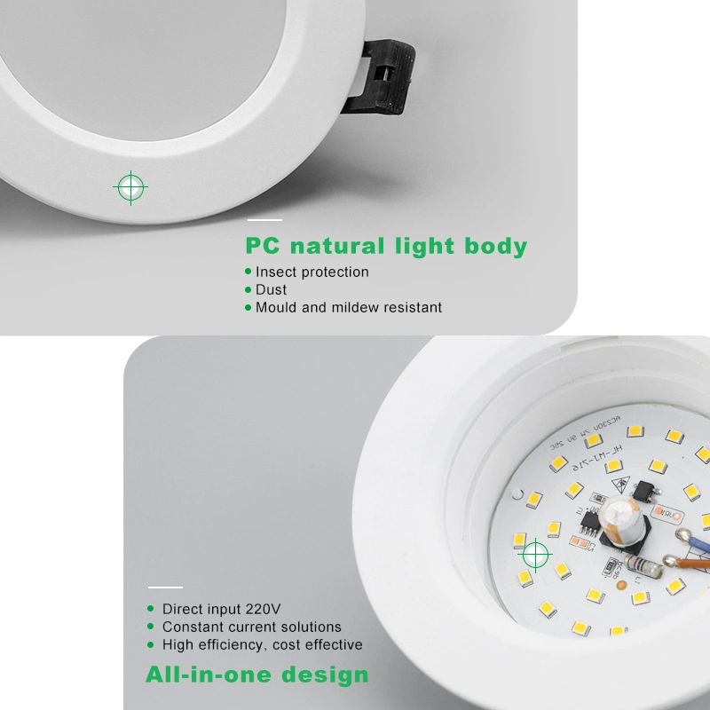 Gisih Factory Direct 7W 60d CE RoHS IP44 3000K-6000K 3 Years Warranty Plastic Clad Aluminum Home Recessed LED Downlight LED Light