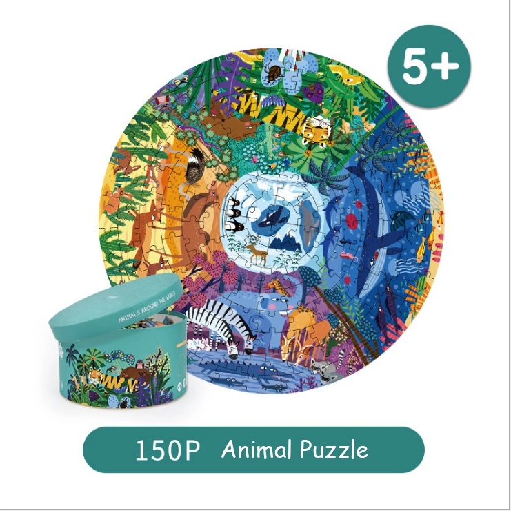 Custom Kids Animal Cartoon Puzzle Children Round Paper Puzzle 150 PCS Jigsaw Puzzle Wholesale/Supplier Packaging with Cylinder Box