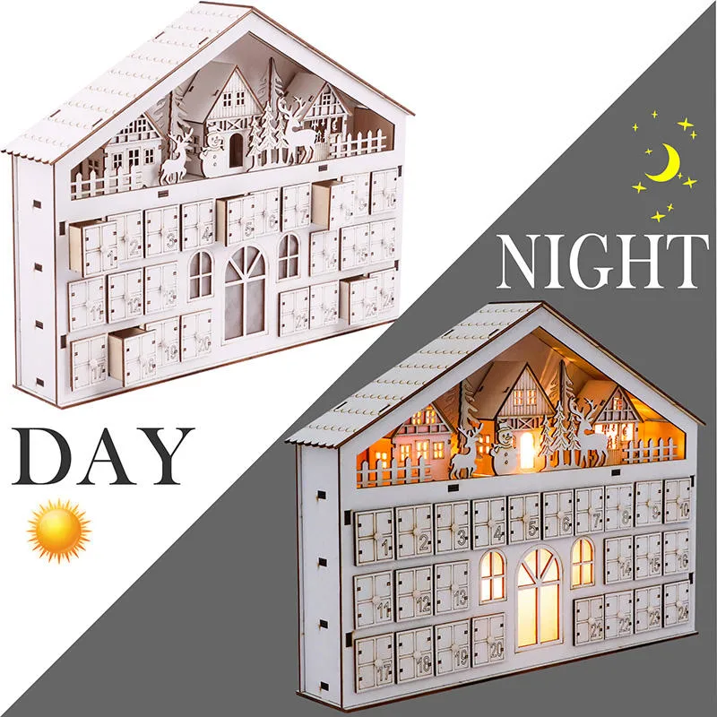 Xmas Wooden Crafts Calendar Handmade White Wood Decoration Ornaments Christmas House Calendar