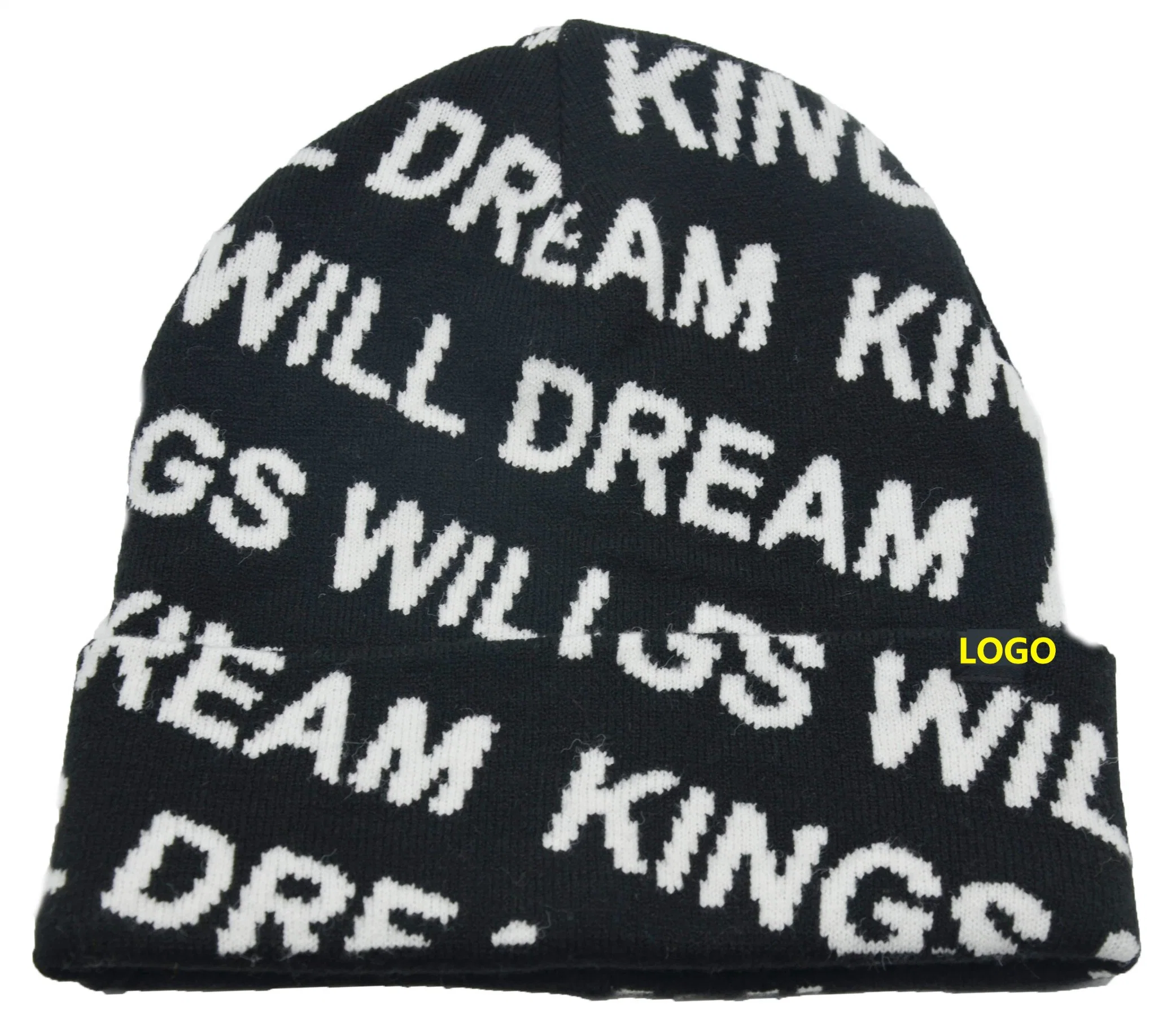 Warm Soft Black Knitted Hats with Letter Jacquard with Custom Embroidery Logo BSCI Oeko Tex