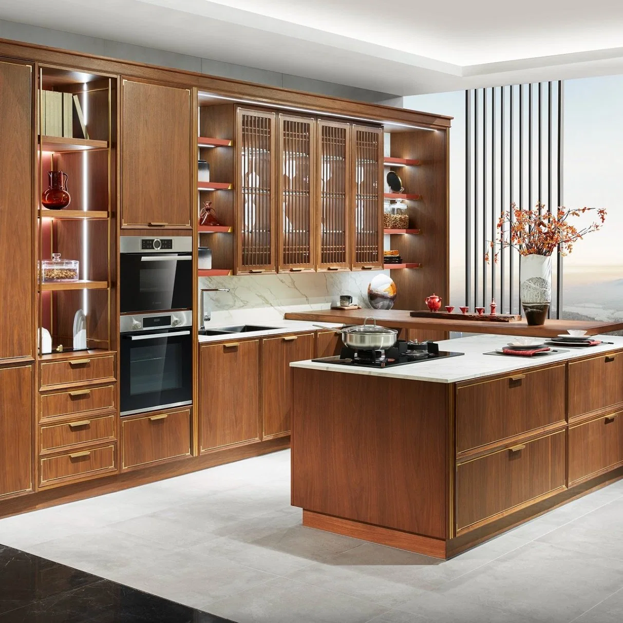 Estilo pastoral Rosewood Solidwood White Rock Board Casa de gama alta en forma de U Muebles de madera de almacenamiento moderno American Flat Pack Hutch Kitchen Cabinets