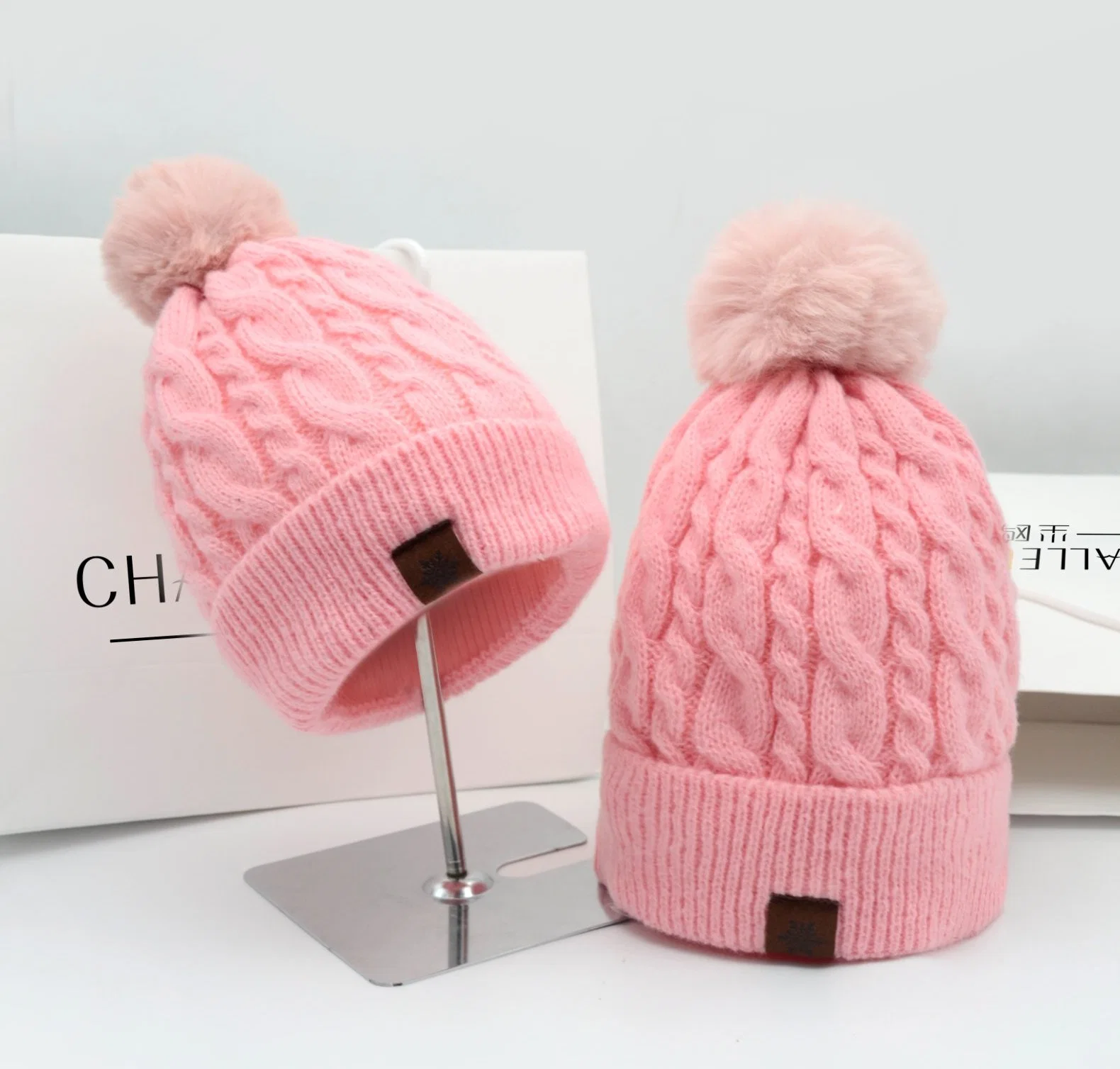 Fashion Polyester Cable Knitted Beanie Hat with Faux Fur Pompom