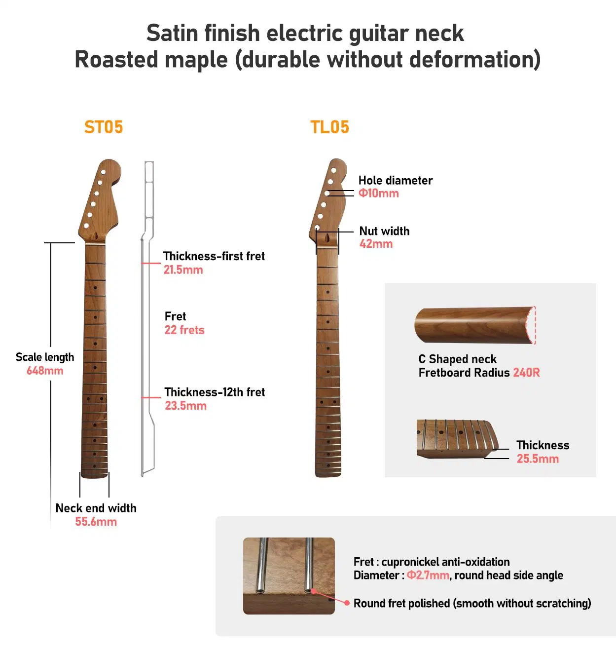 Smiger Tl Matt Roasted Maple Wood Nitrolacquer Electric Guitar Neck