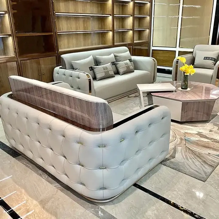 Luxury Modern Leather Couch Living Room High End Chesterfield Sofa Set Furniture with Gold Stainless Steel Decoration