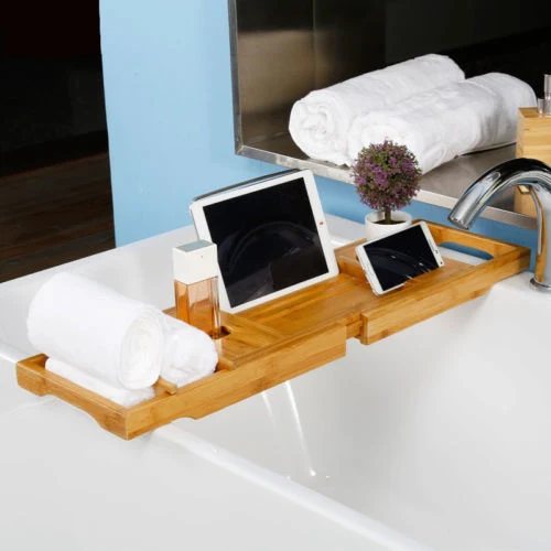 Bañera Bandeja - Baño de bambú Craft Caddy puente de baño ESCAMOTEABLE BANDEJA Bandeja para rack de almacenamiento de tablas titular de la tableta