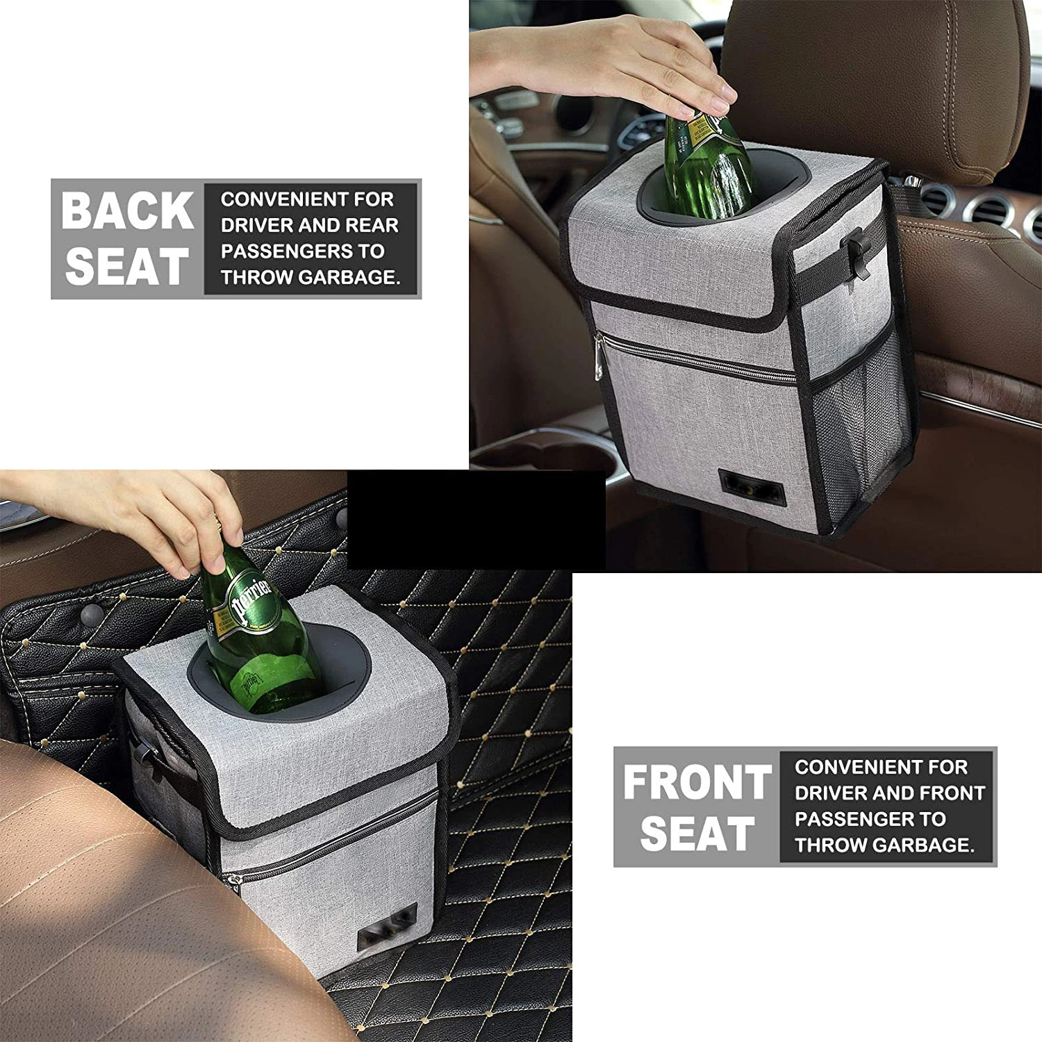 Multipurpose Folding Car Trash Can with Lid and Storage Pockets