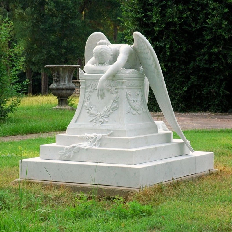 Decoração personalizada do cemitério chorando Angel Headstone White Marble Chying Angel Tombstone