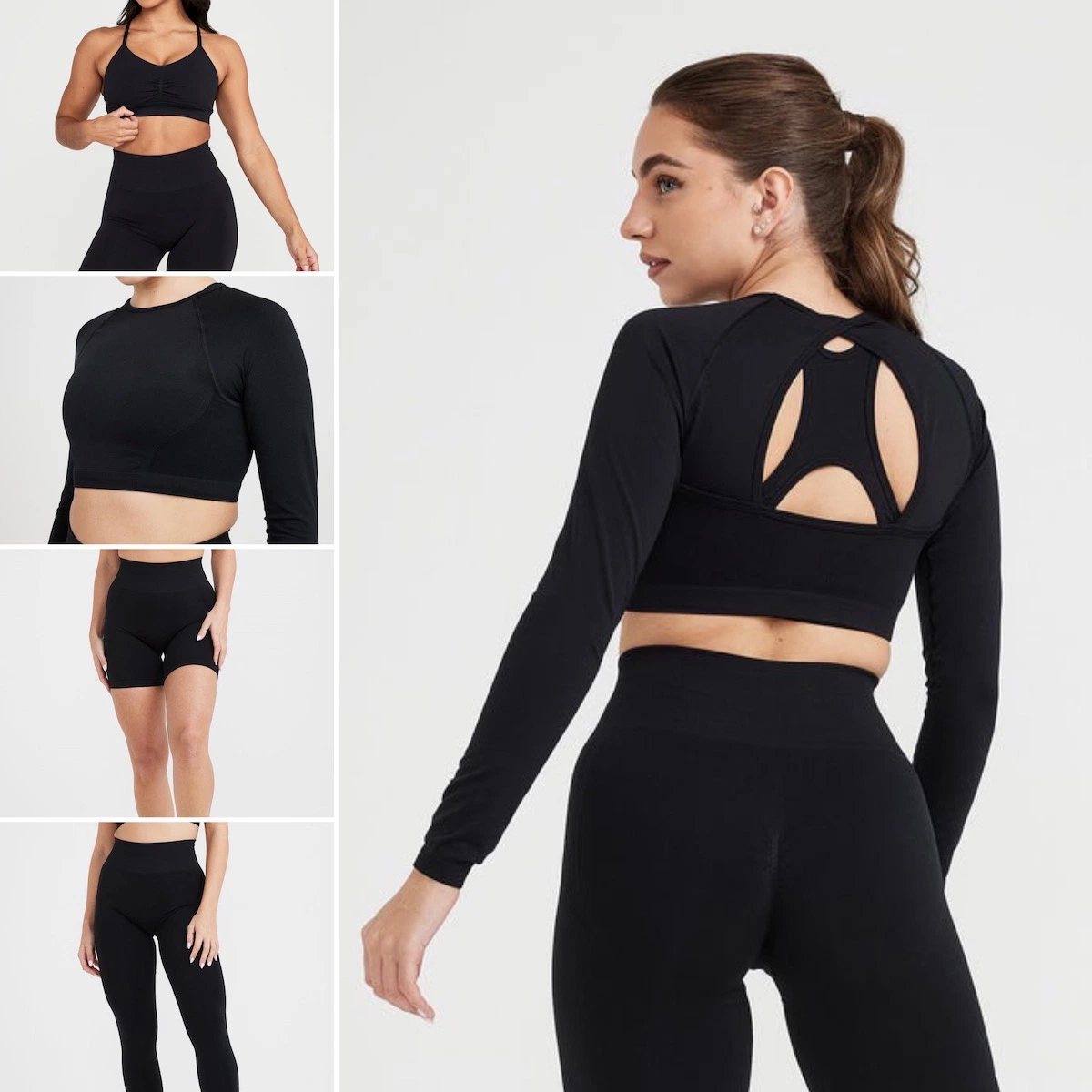 Großhandel 6 Stück Exqusite Sexy Open Back nahtlose Yoga Workout Kleidung für Frauen, Custom Gym BH + Crop Top + Laufshorts + Leggings Qualität Activewear-Set