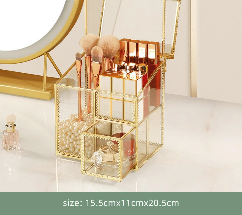 Makeup Organizer Luxury Gold Metal Glass Brush Acrylic Desk Perfume Vanity Holder Make up Cosmetic Storage Box